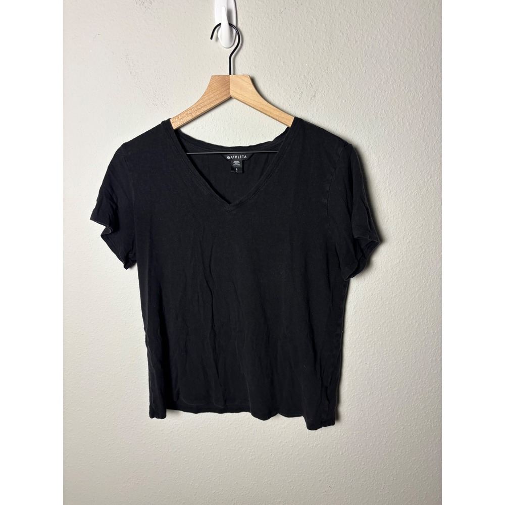 Athleta Getaway Linen Blend V-Neck Tee Black Short Sleeve Shirt 659909 L